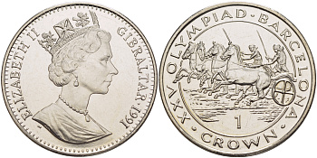 Гибралтар 1 крона 1991 XXV Олимпийские игры 1992 года в Барселоне, гонки на колесницах KM 67 медно-никель UNC 1084-8-43