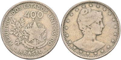 Бразилия 400 рейс 1901 голова свободы вправо KM 505 медно-никель 4367-224