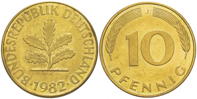 ФРГ 10 ПФЕННИГОВ 1982 J KM 108, J.383 сталь плакированная латунью 3718-824