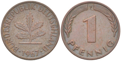 ФРГ 1 ПФЕННИГ 1967 F KM 105, J. 380 сталь плакированная медью 4181-544