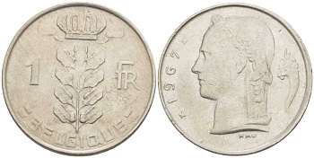 БЕЛЬГИЯ 1 ФРАНК 1967 BELGIQUE, БОДУЭН I (1951-1993) KM 142.1 медно-никель 213-522