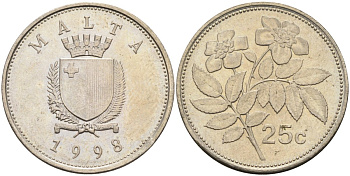 Мальта 25 центов 1998 шиповник вечнозелёный KM 97 медно-никель 3336-624
