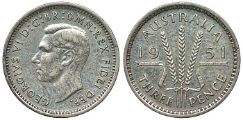 Австралия 3 пенса 1951 m, Георг VI (1937-1952), без букв KM 44 серебро 71-266