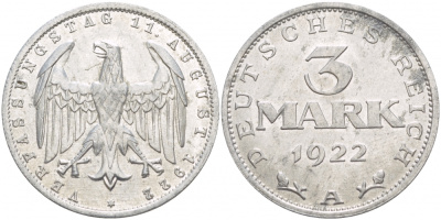 Германия 3 марки 1922 A, третья годовщина Веймарской Конституции KM 29, J. 303 алюминий UNC 4536-1244