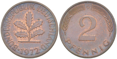 ФРГ 2 ПФЕННИГА 1972 G KM 106а, J. 381а сталь плакированная сталь плакированная медьюю 4181-767