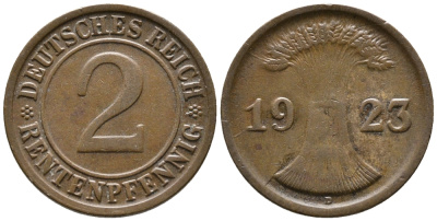 ГЕРМАНИЯ 2 РЕНТЕНПФЕННИГА 1923 D KM 31, J. 307 бронза 24-421