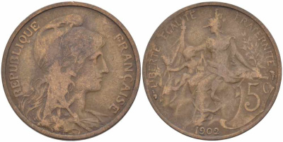 ФРАНЦИЯ 5 САНТИМОВ 1902 ТИП ДАНИЭЛЬ ДЮПЮИ KM 842, LE FRANC 119.12 бронза 108-834