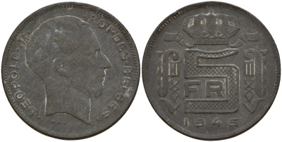 Бельгия 5 франков 1945 DES BELGES, Леопольд III (1934-1947) KM 130 цинк 4161-946