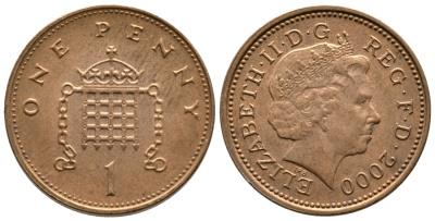 Великобритания 1 пенни 2000 Елизавета II (1952-2022) KM 986, Spink 4710 (B5) сталь плакированная медью 3999-755