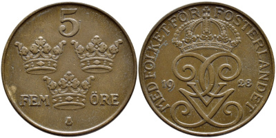 Швеция 5 эре 1928 Густав V (1907-1950) KM 779.2 бронза 4394-916