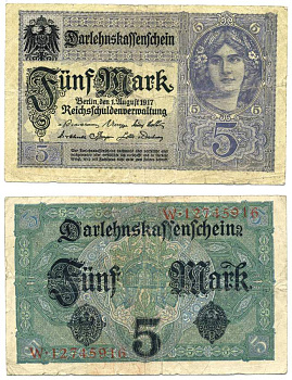 ГЕРМАНИЯ 5 МАРОК 1917 1 АВГУСТА 1917, 8 ЦИФР В НОМЕРЕ СЕРИИ, СЕРИЯ W, ФИОЛЕТОВАЯ Pick 56, Розенберг 54с бумага F-VF 8612-53-2-1