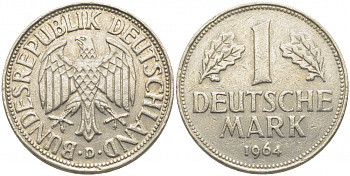 ФРГ 1 МАРКА 1964 D J.385, KM 110 медно-никель 3856-112