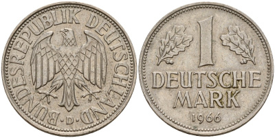 ФРГ 1 марка 1966 D KM 110, J. 385 медно-никель 4159-1054