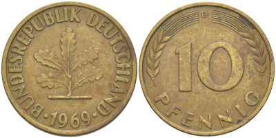 ФРГ 10 пфеннигов 1969 D KM 108, J. 383 сталь плакированная латунью 54-1345