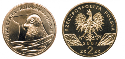 Польша 2 злотых 2007 MW, серия всемирная природа, длинномордый тюлень KM 578 латунь UNC M19-6
