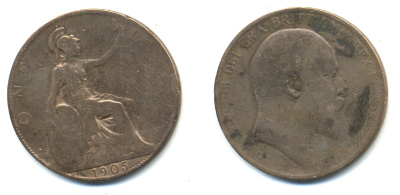 Великобритания 1 пенни 1905 Эдуард VII (1901-1910) KM 794.2, Spink 3990 бронза 83-534