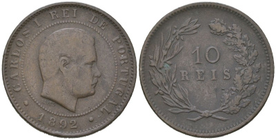 Португалия 10 реалов 1892 Карлуш I (1889-1908) KM 532 бронза 4171-1117