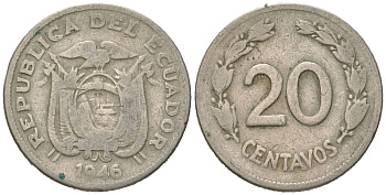 Эквадор 20 сентаво 1946 KM 77.1b медно-никель 4611-869