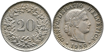ШВЕЙЦАРИЯ 20 РАППЕНОВ 1950 В KM 29а медно-никель 4539-547