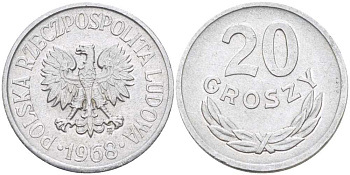 ПОЛЬША 20 ГРОШЕЙ 1968 MW KM А47 алюминий 201-454