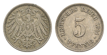 Германия 5 пфеннигов 1914 J, Вильгельм II (1888-1918) KM 11, J.12 медно-никель 4644-1111