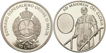Мальтийский орден 10 лир 2004 Жизнь Папы, Иоанн Павел II - Путешествия Папы, тираж 5.000 экземпляров медно-никель PROOF 1529-322