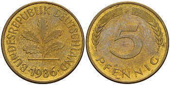 ФРГ 5 пфеннигов 1986 F J.382, KM 107 сталь плакированная латунью    4598-1048