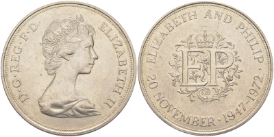 Великобритания 25 пенсов 1972 25 лет со дня свадьбы Елизавтеы II И Филлипа (1947-1972, серебрянная свадьба), Елизавета II (1952-2022) KM 917, Spink 4226 медно-никель 4552-533
