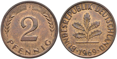 ФРГ 2 ПФЕННИГА 1969 J KM 106a, Jager 381a сталь плакированная сталь плакированная медьюю 4546-955