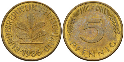ФРГ 5 пфеннигов 1986 F J.382, KM 107 сталь плакированная латунью    4598-1048