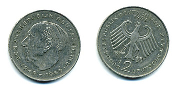ФРГ 2 МАРКИ 1983 J, ТЕОДОР ХОЙС KM 127, J. 407 медно-никель плакированный никелем плакированный никелем 25-1912