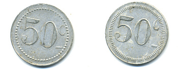 ФРАНЦИЯ 50 САНТИМОВ НАЧАЛО XX ВЕКА d 24 мм, вес около 1,0 гр., платежный жетон алюминий 89-947