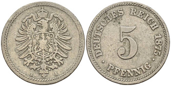 ГЕРМАНИЯ 5 ПФЕННИГОВ 1875 А, СТАРОГЕРБОВКА KM 3, J. 3 медно-никель 4551-134