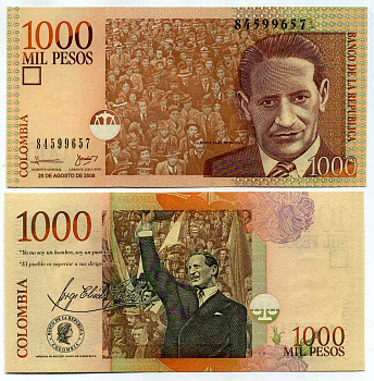 Колумбия 1000 песо 2008 28 августа 2008, Хорхе Эльесер Гайтан Pick 456 k бумага UNC (пресс) 447-86-3-1