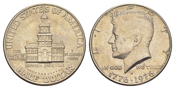 США 1/2 доллара (50 центов) 1976 D, 200 лет независимости, Джон Кеннеди KM 205 медь плакированная медно-никелем aUNC 4545-844