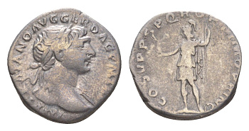 Римская Империя денарий 107 Траян, IMP TRAIANO AVG GER DAC P M TR P, бюст императора/COS V P P S P Q R OPTIMO PRINC, Рома с Викторией, Рим RIC 115 серебро 1073-1-73