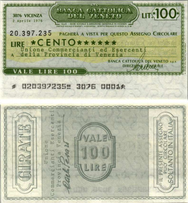 Италия 100 лир 1976 2 апреля 1976, Banca Gattolica del veneto бумага UNC (пресс) 7221-1-1-1