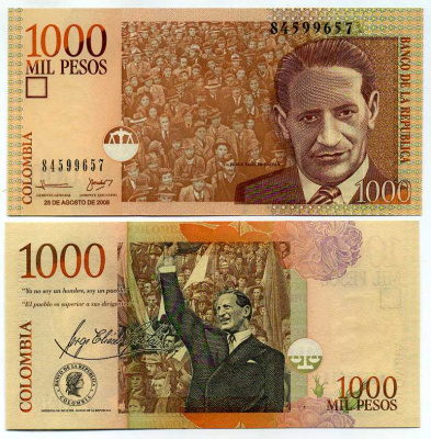 Колумбия 1000 песо 2008 28 августа 2008, Хорхе Эльесер Гайтан Pick 456 k бумага UNC (пресс) 447-86-3-1