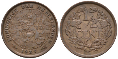 Нидерланды 1/2 цента 1937 Вильгельмина (1890-1948) KM 138 бронза    4169-244