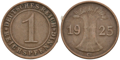 Германия 1 рейхспфенниг 1925 G KM 37, J. 313 бронза 4516-1117