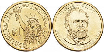 США 1 ДОЛЛАР 2011 D, СЕРИЯ ПРЕЗИДЕНТЫ США - УЛИСС ГРАНТ (1869-1877) KM 500 медь с марганцево-латунным покрытием UNC M31-13