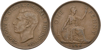 Великобритания 1 пенни 1948 Георг VI (1936-1952) KM 845, Spink 4114 бронза 4574-145