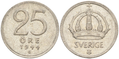 Швеция 25 эре 1944 G, Густав V (1907-1950) KM 816 серебро 4147-957