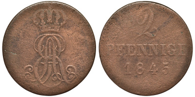 Ганновер 2 пфеннига 1845 A, Эрнст Август (1837-1851) KM 174.1, AKS 122, J. 55 медь 75-1815