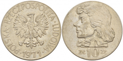 ПОЛЬША 10 ЗЛОТЫХ 1971 MW, ТАДЕУШ КОСТЮШКО KM 50a медно-никель UNC 4536-1232