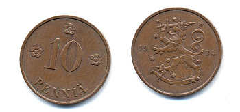 Финляндия 10 пенни 1934 республика (1918-1962) KM 24 медь 51-5422