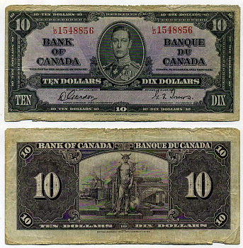 КАНАДА 10 ДОЛЛАРОВ 1937 ГЕОРГ VI, ПОДПИСЬ GORDON-TOWERS, BABNC Pick 61b бумага 7204-34-2