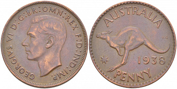 АВСТРАЛИЯ 1 ПЕННИ 1938 ГЕОРГ VI, КЕНГУРУ KM 36 бронза 4403-925
