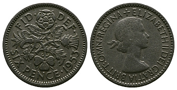 Великобритания 6 пенсов 1953 Елизавета II (1952-2022) KM 889, Spink 4141 медно-никель 4381-634