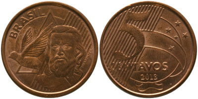 Бразилия 5 сентаво 2013 KM 648, Schon 156 сталь плакированная медью 4525-147